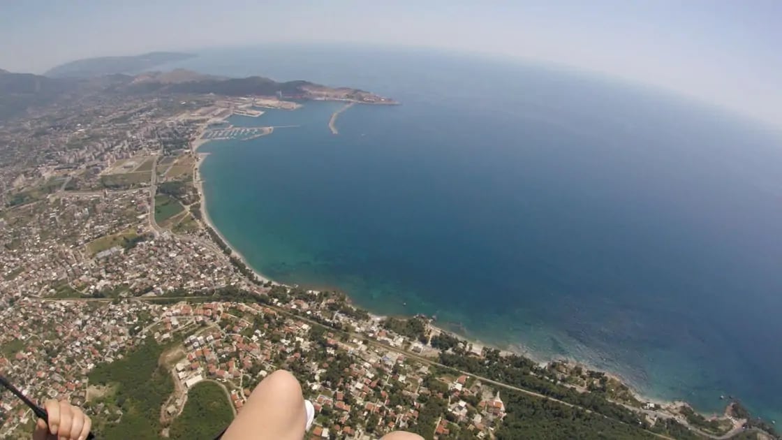 High-start paragliding panorama from Vrsuta above Bar, Sutomore and the southern Montenegro coast
