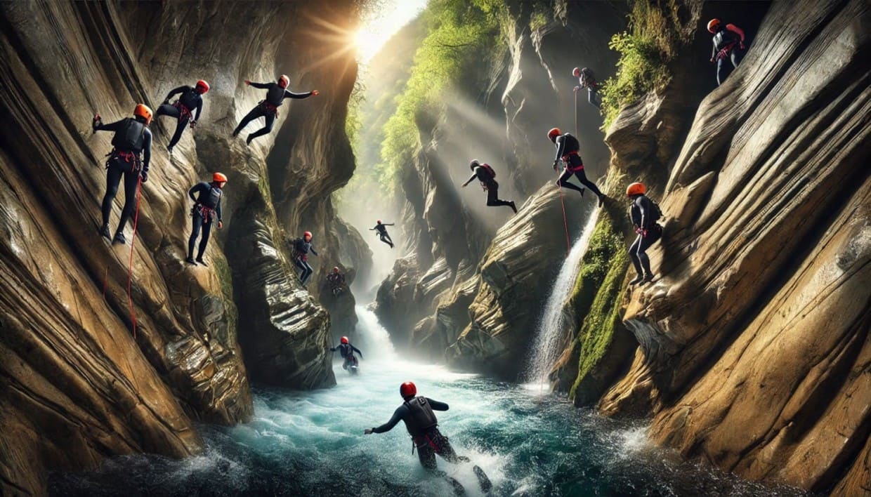 DALL.E 2025 02 02 00.27.49   A breathtaking canyoning adventure in Nevidio Canyon Montenegro. A group of adventurers in wetsuits and helmets navigate through narrow rock formatio